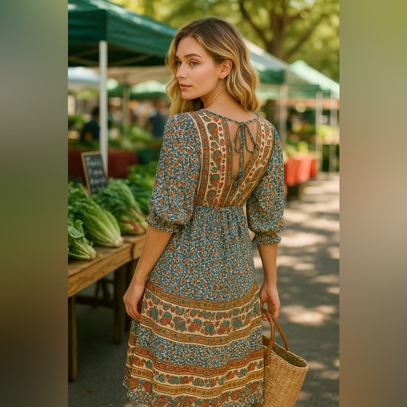 Boho Mixed Print Asymmetrical Hem Back Tie Dress Umgee Boutique NWT S #994 - Picture 2 of 13